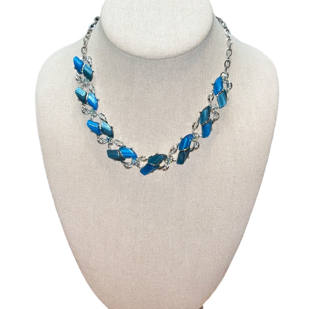 Silver Toned Blue Thermoset Rhinestone Necklace